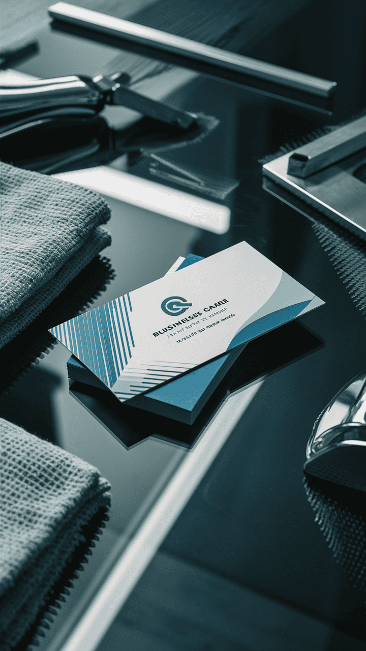 blue cleaning service business card on a glass table